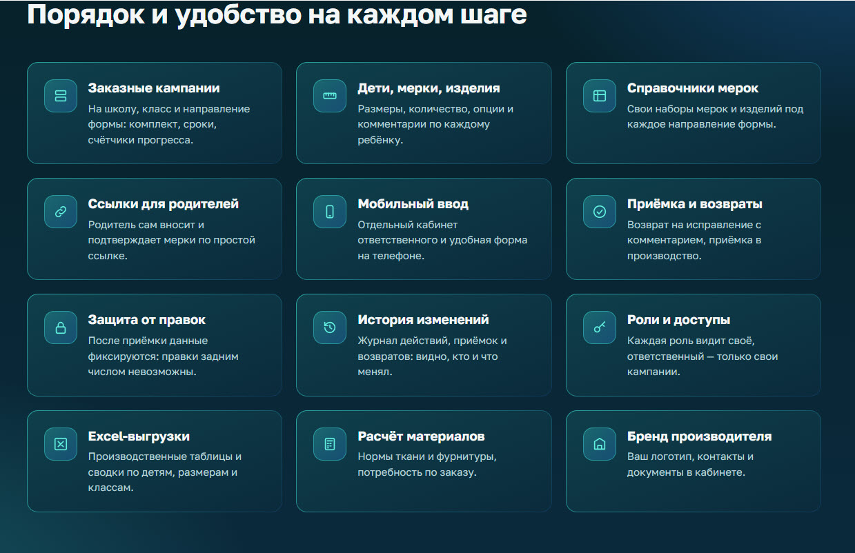 Возможности сервиса: кампании, дети, мерки, роли, выгрузки и расчёт материалов.